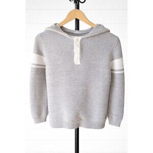 Hope and Henry Boys Organic Cotton  Sleeve Hoodie Henley Sweater Gray White L